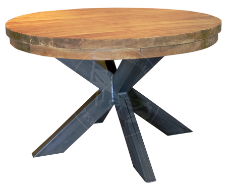 Runder Tisch aus Teakholz mit Metallbeinen. Sonderanfertigung